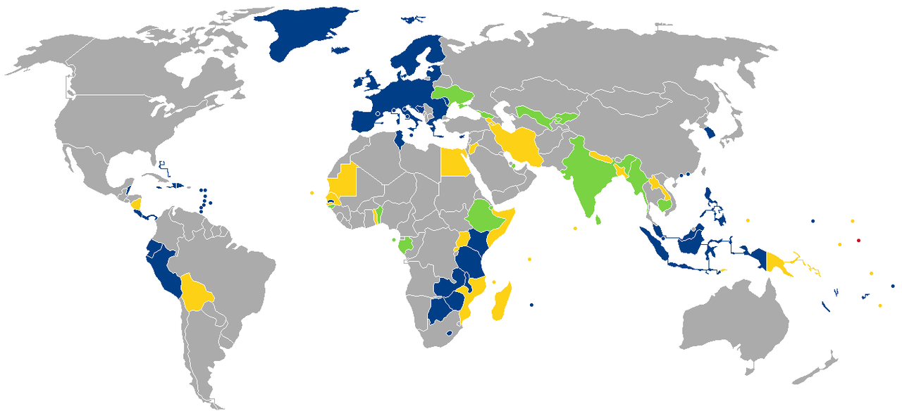 基里巴斯护照免签国家和地区分布图