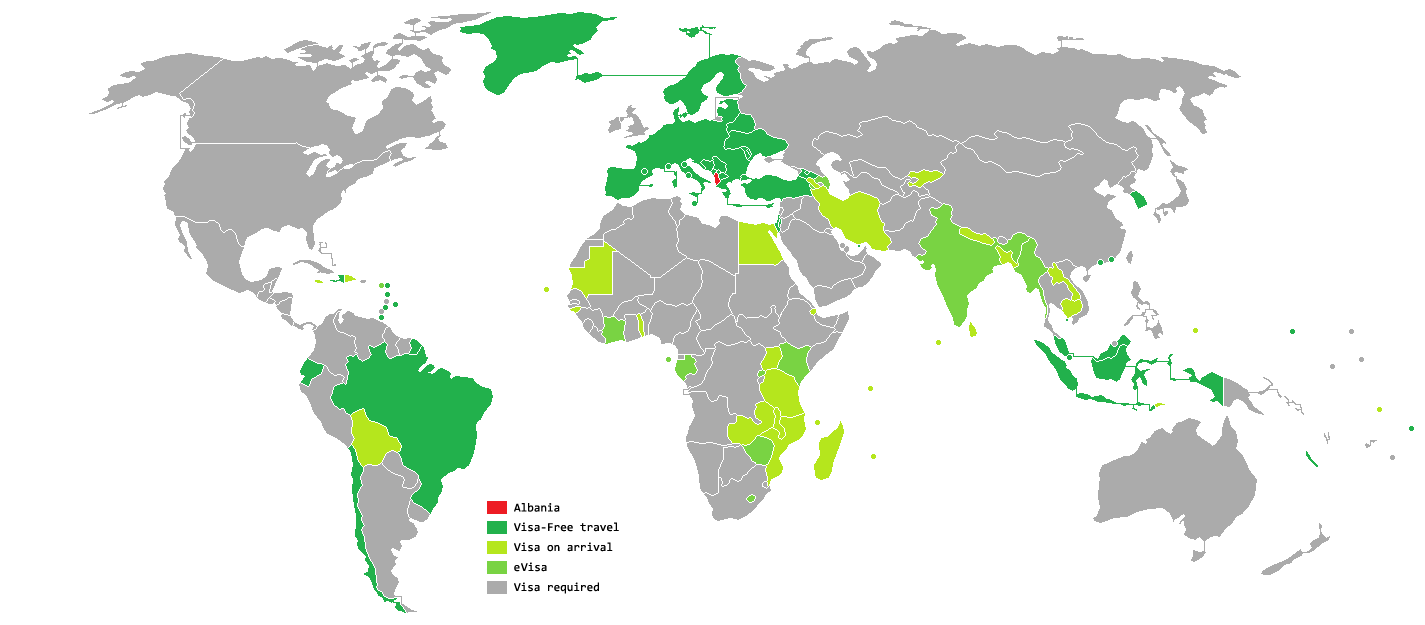 阿尔巴尼亚护照免签国家和地区
