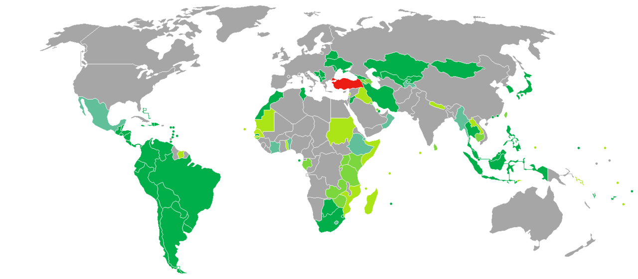 土耳其护照免签国家和地区分布图